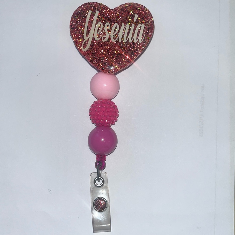 Personalized beaded heart badge reels